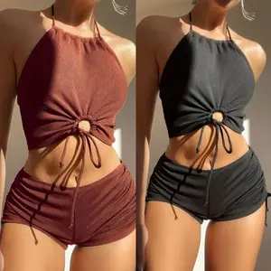 Two Piece Bathing Suit with Shorts for Women Swimsuit Halter Drawstring  Print Bikini Set
