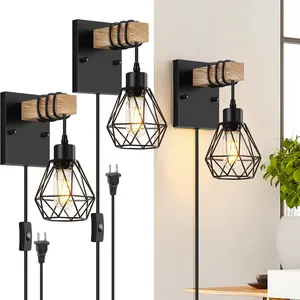 Plug in Wall Sconces Set of Two, Vintage Wood Wall Lamps with Plug in Cord, Farmhouse Wall Light Fixture with 5.25FT On/Off Switch Cord, Indoor Sconces Lighting for Bedroom Living Room
