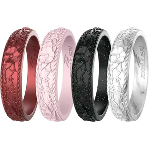 Silicone Wedding Rings for Women 1/4/7 Packs -Stackable Silicone Rubber Wedding Bands - Innovative Flower & Vine Collection