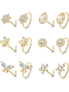 12 Pcs 20G Surgical Steel Nose Ring Hoop for Women Men L Shaped Nose Ring Stud Set Cartilage Hoop Earrings Set Paved CZ Flower Nose Piercing Jewelry Nose Piercings Kit Silver/Gold/Rose Gold/Black