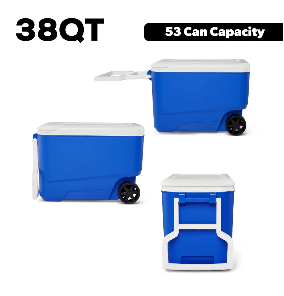 38QT Cooler with 53 Can Capacity Blue and White Portable Ice Chest with Wheels for Outdoor Use