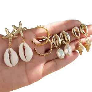 8 Pcs/Set Bohemian Shell, Asymmetrical Pearl, Seashell, Starfish Stud Earrings And Drop Earrings For Women, Beach Vacation