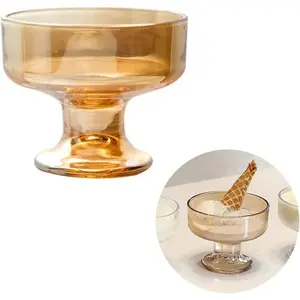 Small Glass Trifle Bowl Set 6 Pack Serving Bowl for Fruit Dessert Salad, 8oz Ice Cream Cups 3.9" Wide Mouth Glass Cups with Stand (amber)