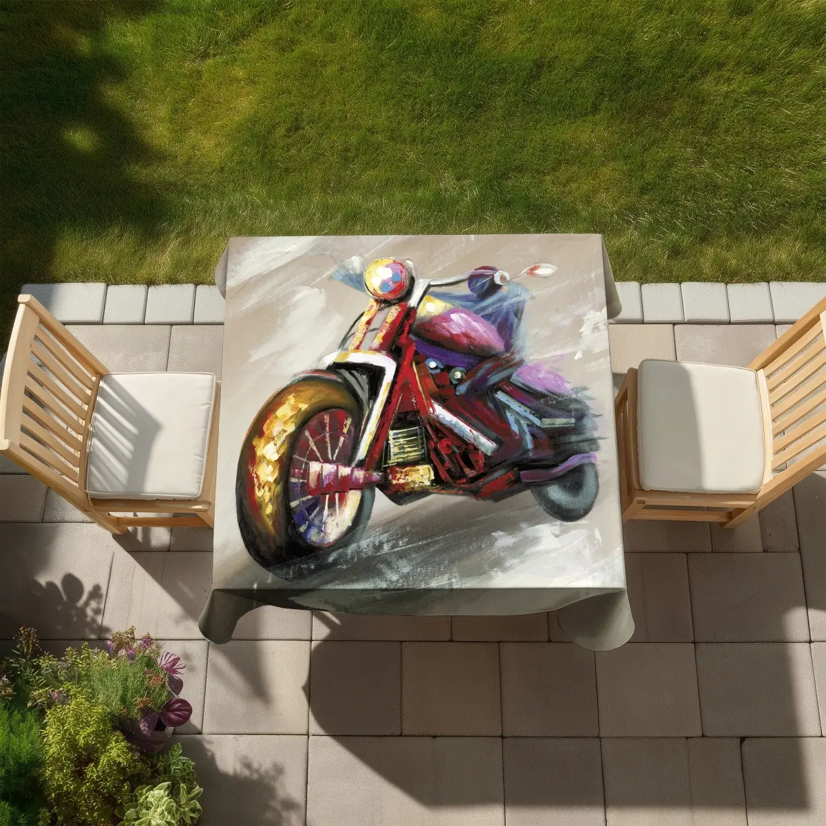 360 stand Square Abstract Art Motorcycle Print Weatherproof Easy-Care Water-Resistant Tablecloth, 58X58 In., Multi-Use Indoor-Outdoor Furniture Decor (Model C1TC5858SR207B), Motorcycle Table Cloth, Garden, 2.5 Lbs, Washable, Wipe Clean