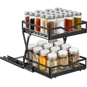 Pull Out Spice Rack Organizer, Collapsible Spice Rack Pull Out Drawer 2 Tier Height Adjustable Sliding Seasoning Shelf Kitchen Cabinet Pantry Closet Organizer Heavy Duty Metal (Large)