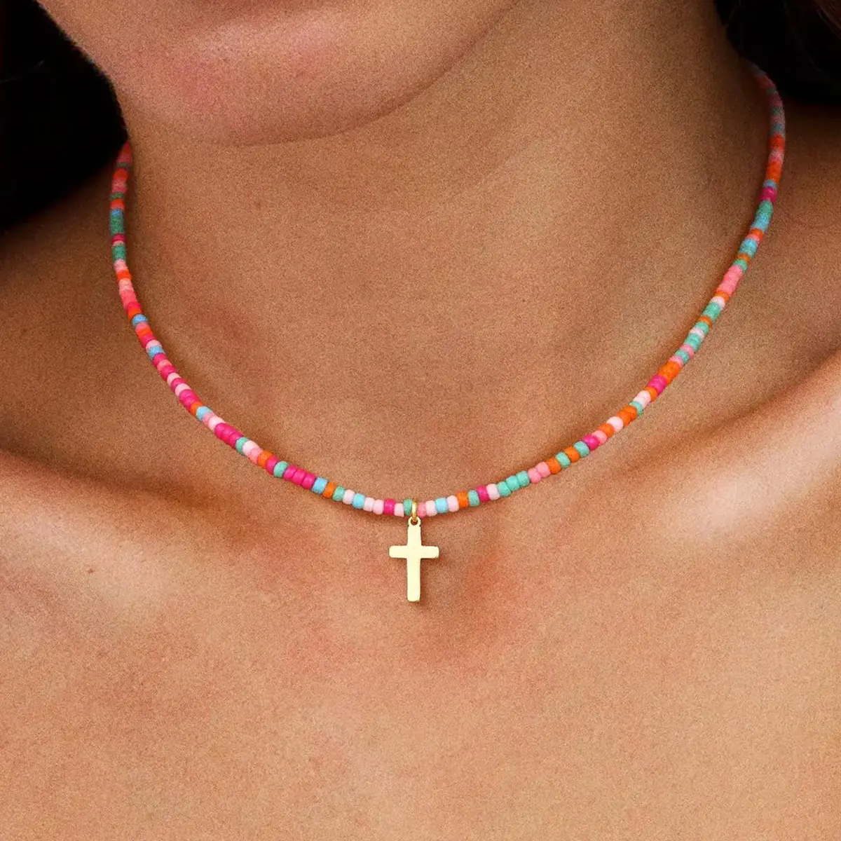 Colorful Beaded Cross Necklace for Girls Women, First Communion Confirmation 14K Gold Plated Pendant Necklace Baptism Birthday Christian Religious Stuff Gift 16+2 Inches