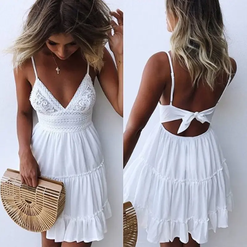 Summer Dresses for Women 2026 V-Neck Spaghetti Strap Bowknot Backless Sleeveless Lace Mini Swing Skater Dress