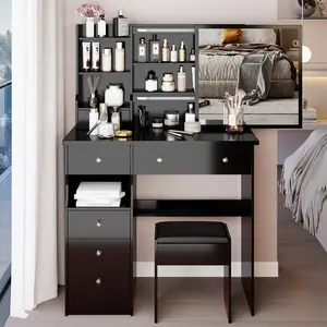Dual-Function Vanity Desk with Left Drawers Large Sliding Mirror Padded Stool for Master Bedroom Modern Storage Design