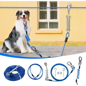 Double Shock Absorption Dog Trolley System for Large Dogs, Heavy Duty 50FT Tie Out Run Cable with 10FT Leads, for Dogs Up to 250LBS, Aerial Zipline for Yard Outside Camping