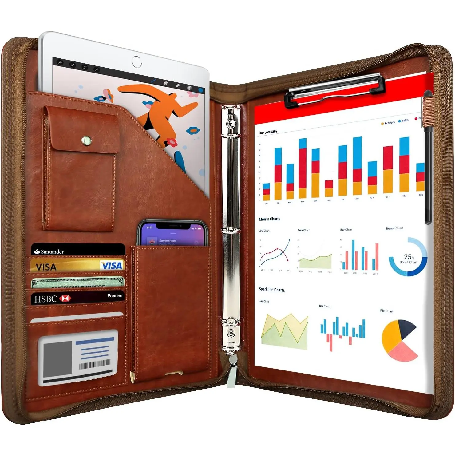Zippered Portfolio Organizer,  Leather Padfolio with 3 Ring Binder, Professional Business Binder, Organizer for IPad/Document, Phone & Business Cards, Office Gifts for Men or Women (Brown)