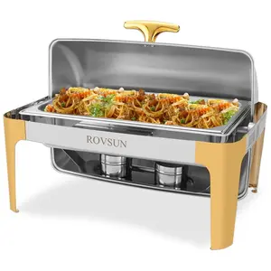 ROVSUN 1 Pack Roll Top Chafing Dish Buffet Set Gold Accent,NSF 9 Quart Rectangular Stainless Steel Chafer, Buffet Servers and Warmers Set Warming Tray for Wedding, Parties, Banquet, Catering Events