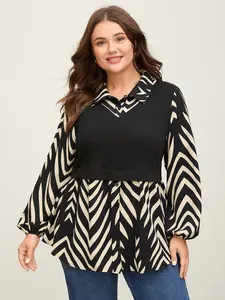 BLOOMCHIC Geometric Print Mixed Material Knit Top - Black Lantern Sleeve Fitted Shirt Collar Casual OL Style Women's Autumn Tunics Womenswear Knitwear office outfits women going outfits women's fall clothing ropa para mujer