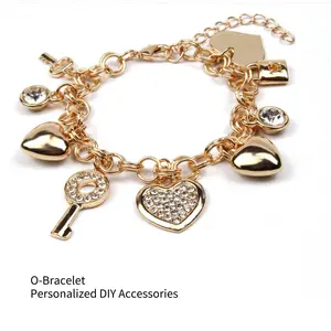 Women’s Gold Chain Bracelet - Sparkling Rhinestone Heart & Lock Charms