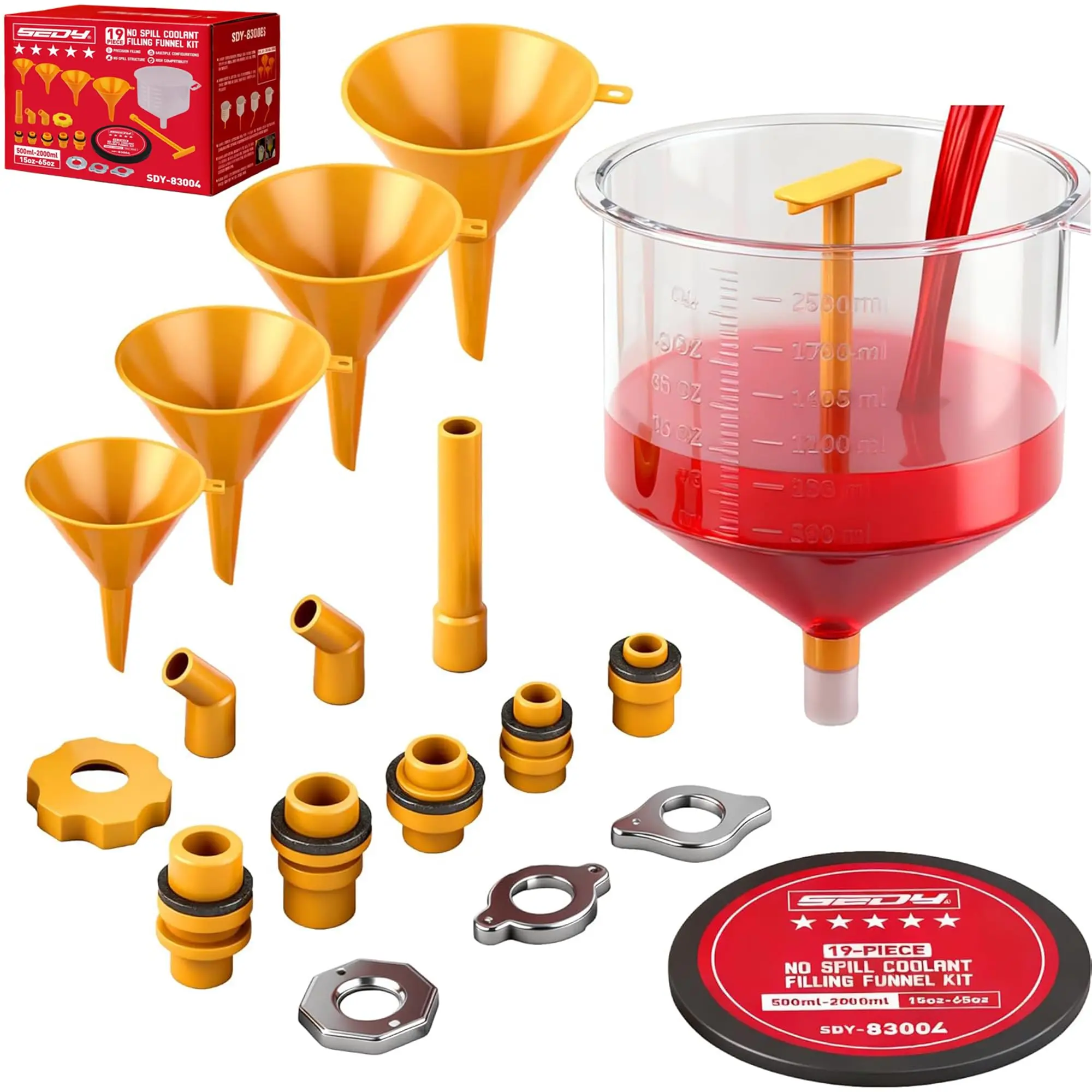 19-Piece No Spill Coolant Funnel Kit Universal Spill-Free Radiator Funnel Set with Adapters, Coolant Filling Funnel, Radiator Bleeder Kit, Flexible Extensions for Vehicle Cooling System Maintenance
