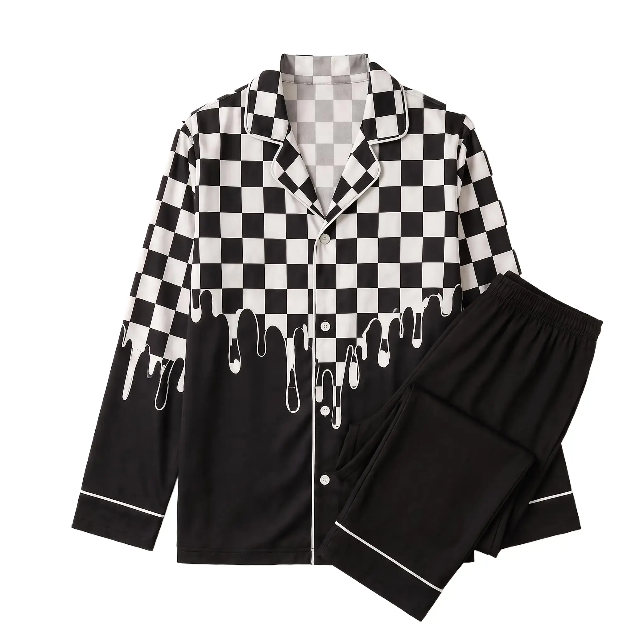 Unisex Black & White Checkered Pajama Set, Matching Black Lounge Pants