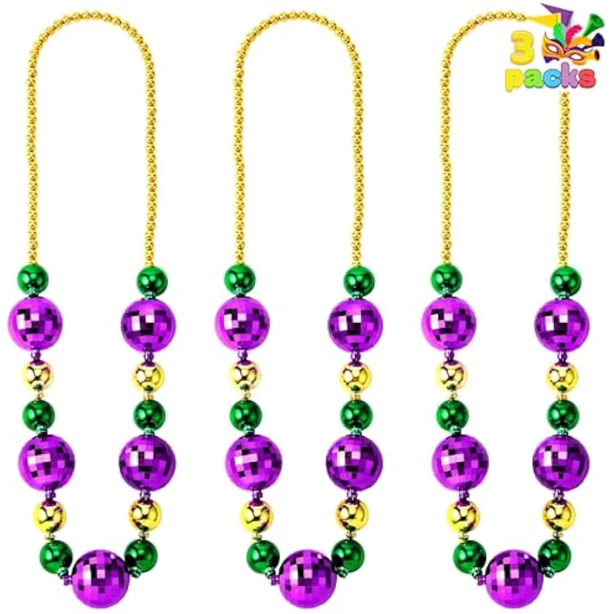 3 Pcs Mardi Gras Jumbo Bead Necklaces, Large Gold Green Purple Necklaces Beads for Mardi Gras Parade Decoration Party Favors Supplies, Costume Outfit Accessories