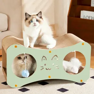 Cat Scratcher Cardboard, Cat House & Bed,Interactive Cat Scraching Cardboard, Cat Scratching Tunnel, with 2 playful pompoms, for Indoor Cats up to 25lbs toys, Wood, Kitten, Cat Toy, Sofa Saver, Pet Furniture