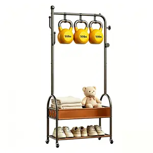 Rotatable Shoe Rack Organizer with 50lbs Hanging Hooks and Storage Shelf for Shoes and Accessories -Multi-Functional Rolling Clothes Rack with Storage Basket - Space-Saving wardrobe Organizer for Small Apartments Shoe Storage Holders & Rack versatile