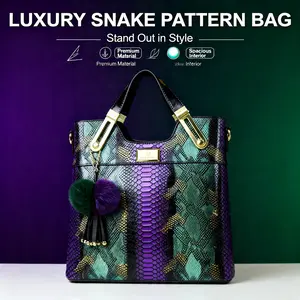 Women's Retro Colorful Snake Print PU Leather Waterproof Top-Handle Tote Bag, Large-Capacity Handbag with Fur Pom Pom, Luxury Shoulder Purse for Work & Commute