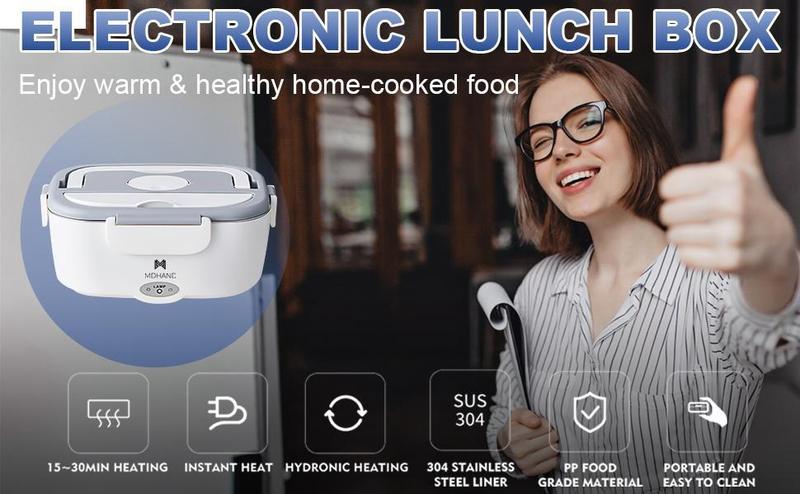 Electric Lunch Box, 65W Portable Food Heater for Adults, Fast Heating Food Warmer for Car Truck Home Office 110V/12V/24V with 1.5L 304 Stainless Steel Container, Fork Spoon and Bag, Tableware