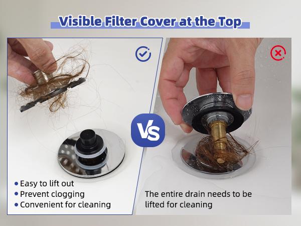 Hibbent Bathtub Drain Stopper with Visible Top Hair Catcher, Innovative 3 in 1 Pop-up Bathtub Strainer Fit for Standard 1.5 to 2.4in Drain Hole, with Detachable Stainless Steel Filter Basket, Chrome