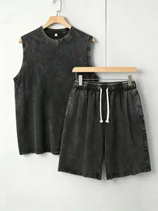 Men's Unisex Cotton 2-Piece Streetwear Set, Vintage Acid Wash Sleeveless Tank Top & Elastic Drawstring Shorts, Oversized Soft Aesthetic, Retro Y2K Grunge Casual, Summer Street Style, Limited Stock chill