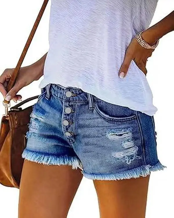 Vhein Women's Fitted Mid-Rise Ripped Denim Shorts - Streetwear, Minimalist Women's Bottom, Summer Essential