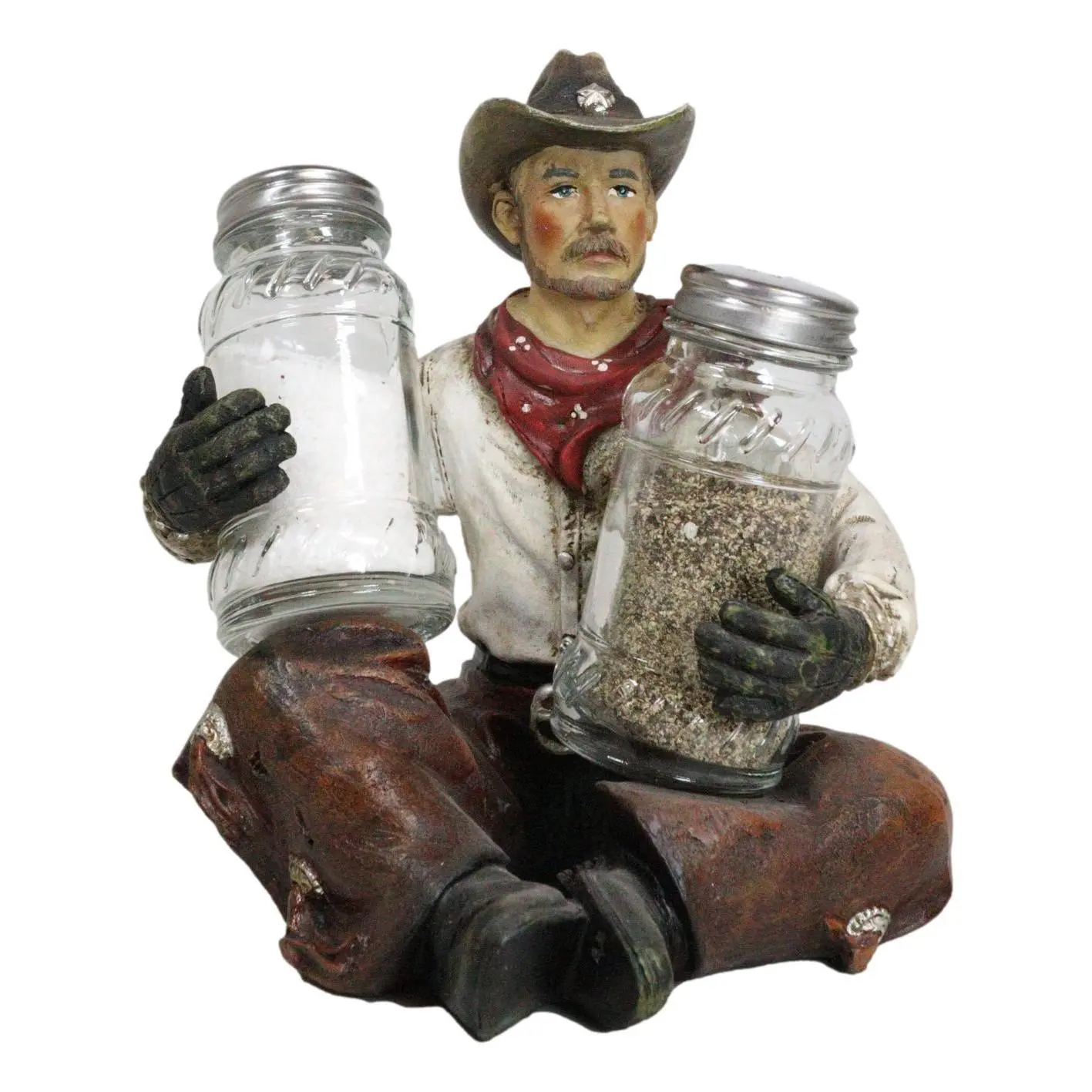 Western Wrangler Cowboy Glass Salt and Pepper Shakers Holder Set with Hat, Scarf, Chaps - Kitchen Gadgets, Utensils for Seasoning, Table Decor