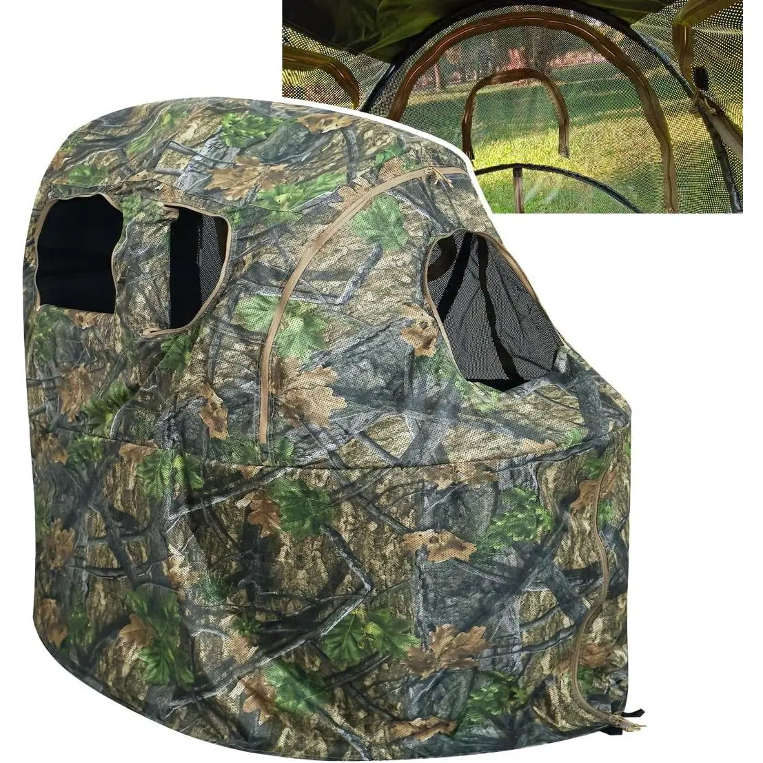 1-Person Pop-Up Camouflage Hunting Ground Blind with See-Through Design, Built-in Chair, Concealment Gear for Deer Hunting & Field Use
