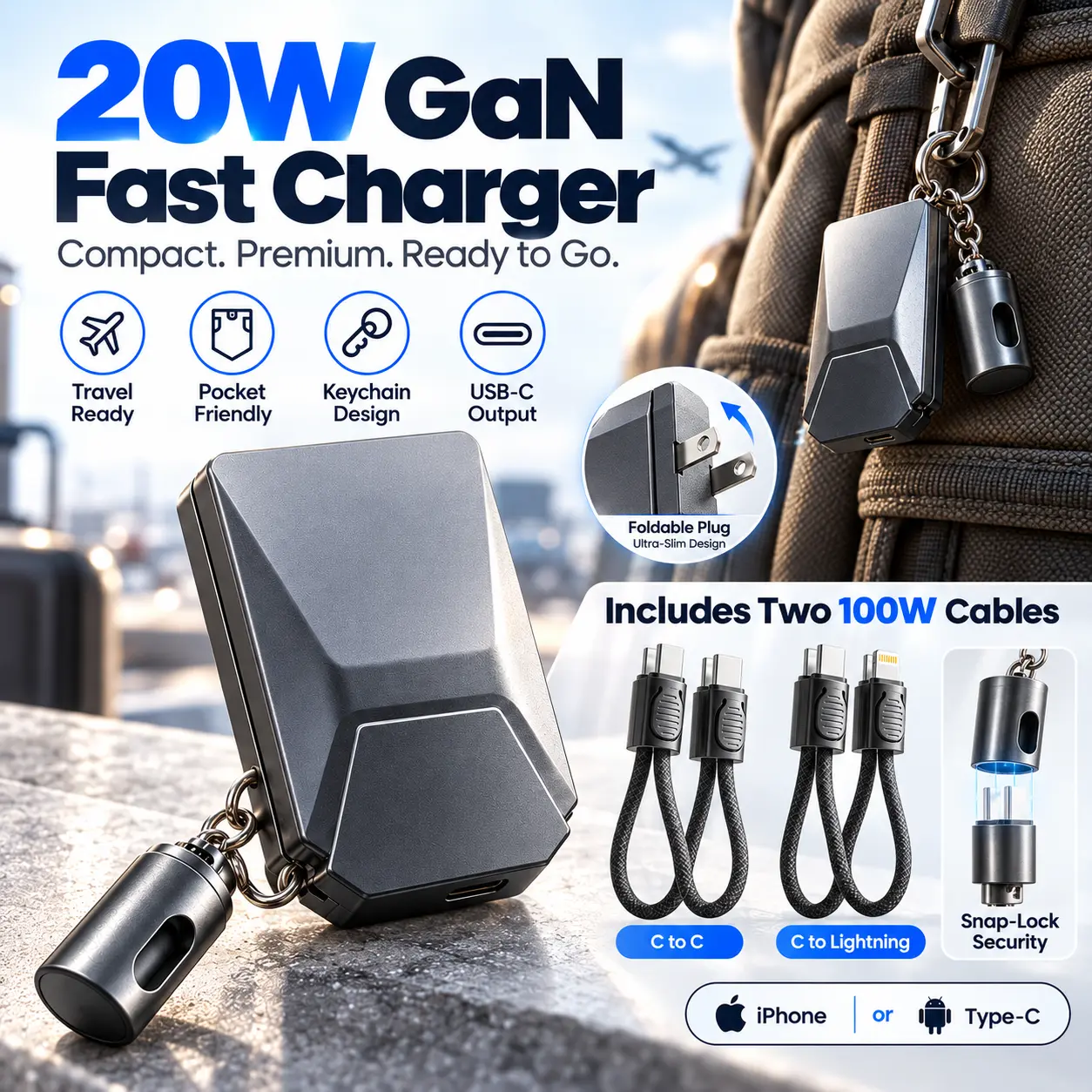20W USB-C Fast Charger Block with 2 Charging Cables, Mini Wall Adapter, Foldable Plug, Portable Charger for iPhone and Android