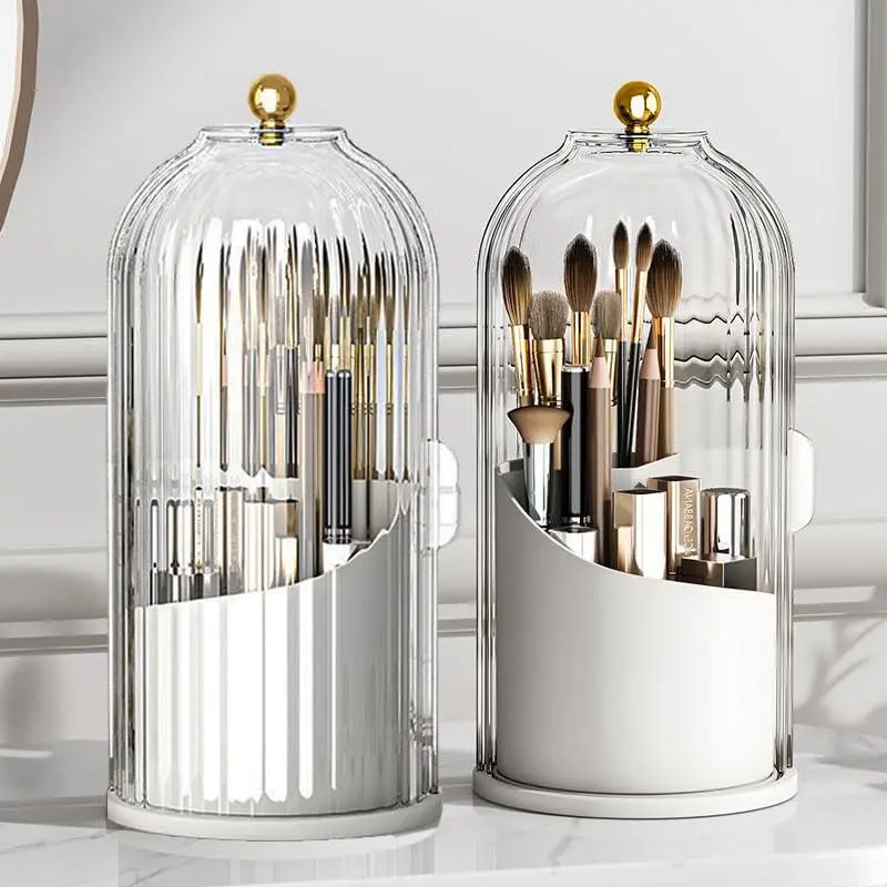 360-Degree Rotating Dustproof Makeup Brush Storage Box, Transparent Acrylic Cosmetic Organizer with Compartments, Multi-Purpose Vanity & Bathroom Countertop Holder for Brushes, Skincare, Toothbrushes and Pens