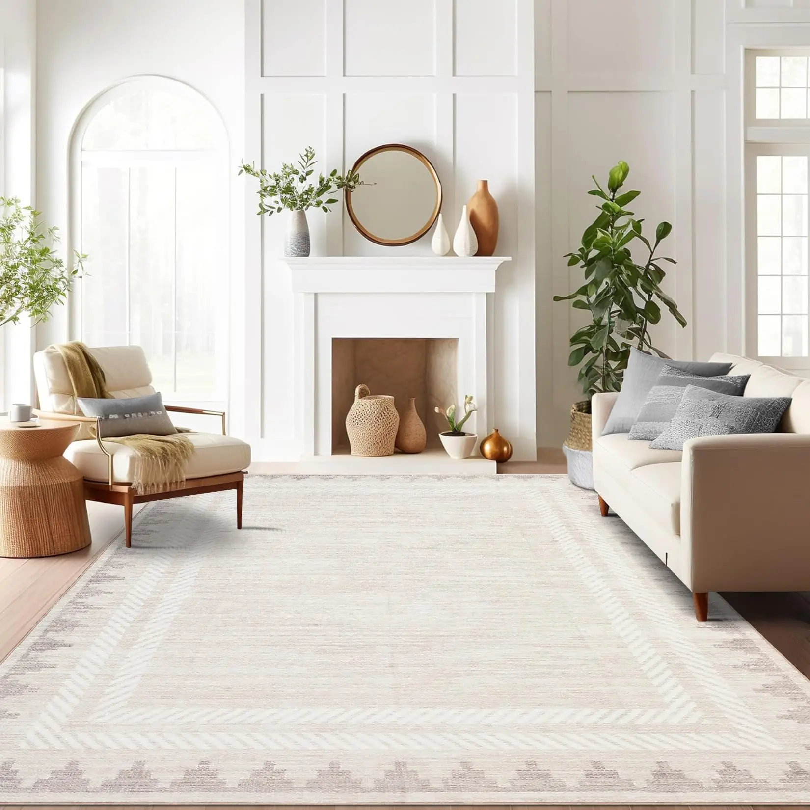 Garvee Modern Solid 8x10 Area Rug - Washable, Non-Slip Backing, Non-Shedding, Stain-Resistant Bordered Carpet - Neutral Ivory White Foldable Floor Rug for Living Room, Bedroom, Dining Table