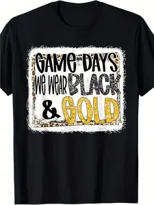 Game Day Football We Wear Black-Golden School Spirit T-shirt, 100% Cotton220gHot selling items, Gift, Fashionable, Unisex, Vintage, Soft, Breathable, Casual - Crew Neck, Regular Fit - Machine Washable, Comfortable Cotton Crew Neck Short Sleeve Graphic Pri