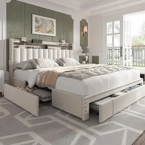 Upholstered King Queen or Full Size Bed Frame with Storage Headboard Drawers & Shelves Modern Luxury Divan Bed for Home Interior Furniture