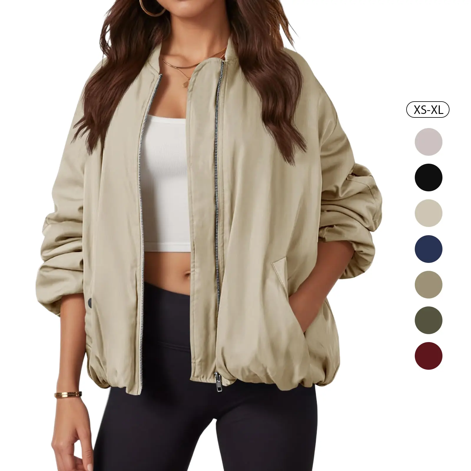Tankaneo Womens Oversized Bomber Jacket Quilted Lightweight Puffer Jackets, Fall Winter Coat with Pocket,Zip Up,Fully Lined,Outerwear,Military,Mock Neck,Warm Utility