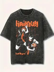 Haikyuu Shoyo Hinata Tobio Kageyama Graphic T Shirt Karasuno Volleyball Gym Pump Cover Acid Wash Oversized Vintage Heavyweight Tee 90s Bootleg Dark Aesthetic Y2K Grunge Anime Streetwear Japanese Sports Manga Athletic Workout Men Women Fits