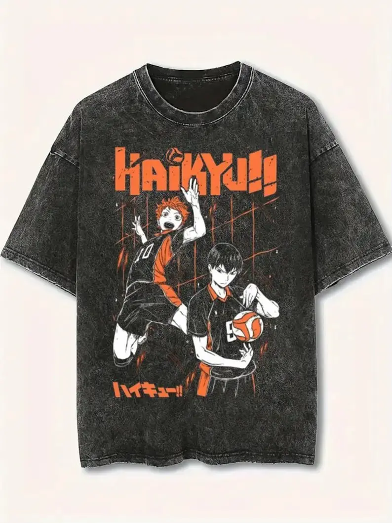 Haikyuu Shoyo Hinata Tobio Kageyama Graphic T Shirt Karasuno Volleyball Gym Pump Cover Acid Wash Oversized Vintage Heavyweight Tee 90s Bootleg Dark Aesthetic Y2K Grunge Anime Streetwear Japanese Sports Manga Athletic Workout Men Women Fits