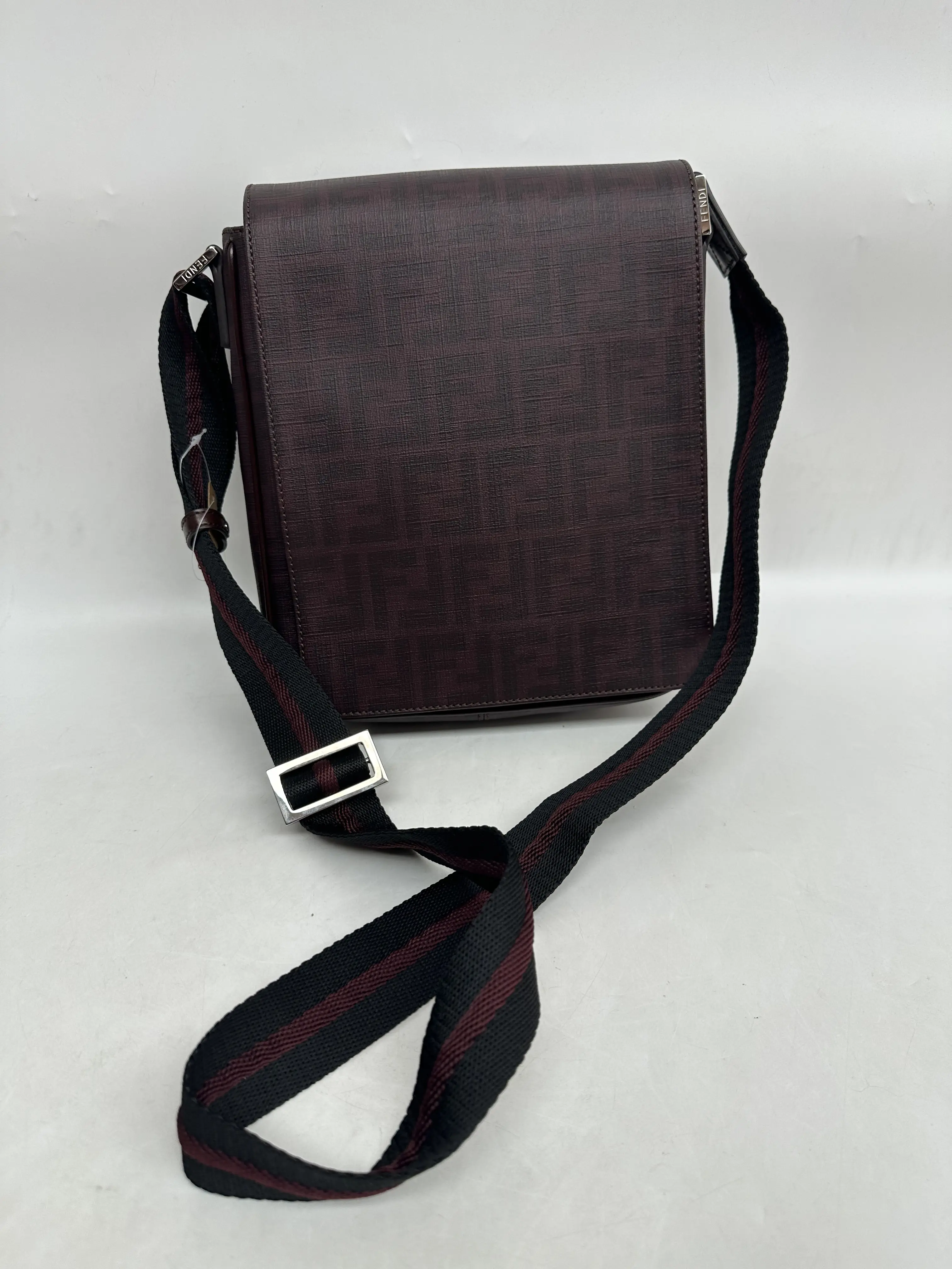 Pre-owned FENDI Burgundy FF Zucca Coated Canvas Flap Messenger Crossbody Bag with Adjustable Web Strap SOHO