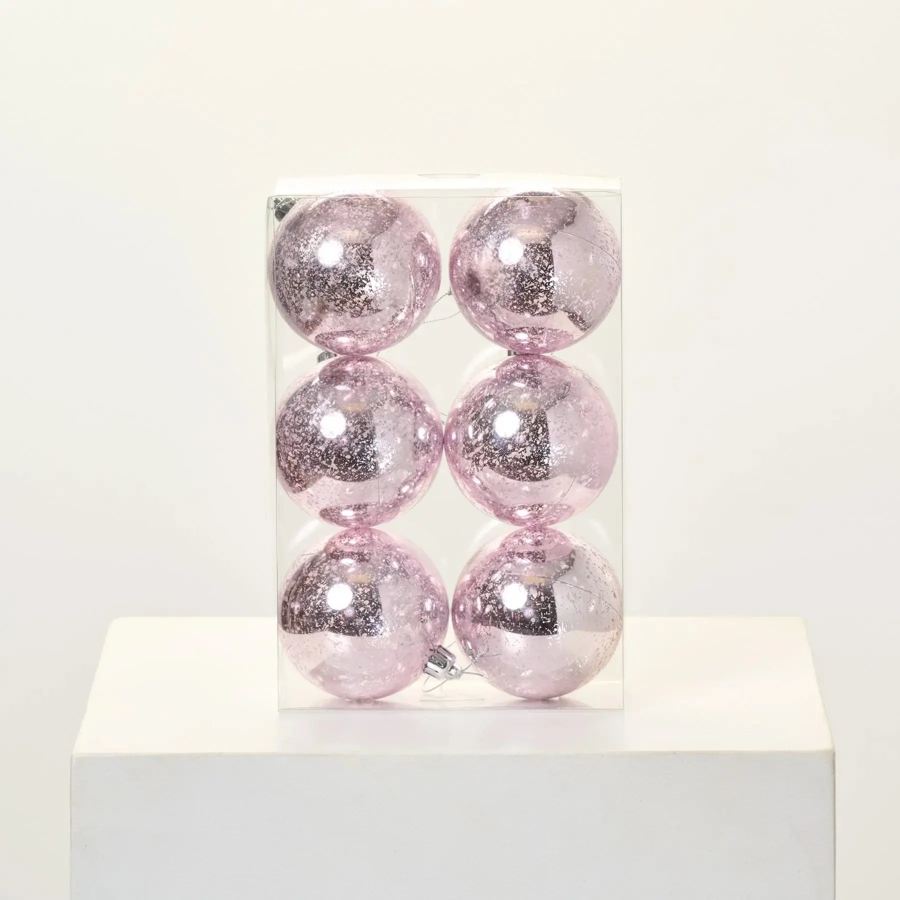 Antiqued Blush Pink Silver Mercury-Look Plastic Christmas Tree Ornaments, 6-Piece Artistic Christmas Home Decorations for Holiday Festive Use