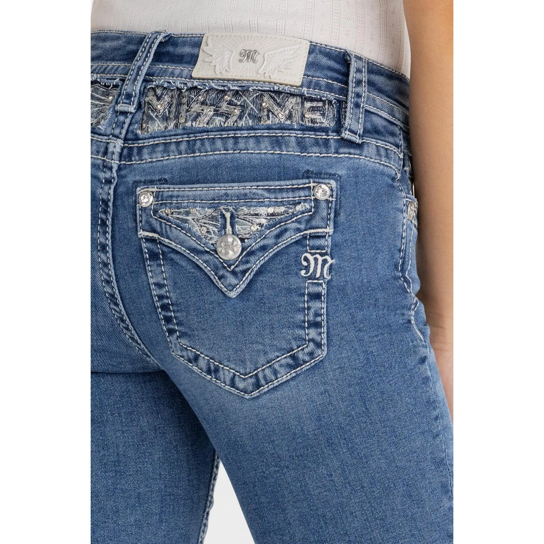 MissMe Stay With Me Bootcut Jeans - Mid-Rise, Embroidered Abstract Wing Design, Sequins & Rhinestone Accents, 5-Pocket Style MissMe Stay With Me Bootcut Jeans - Mid-Rise, Embroidered Abstract Wing Design, Sequins & Rhinestone Accents, 5-Pocket Style