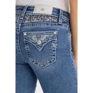 MissMe Stay With Me Bootcut Jeans - Mid-Rise, Embroidered Abstract Wing Design, Sequins & Rhinestone Accents, 5-Pocket Style