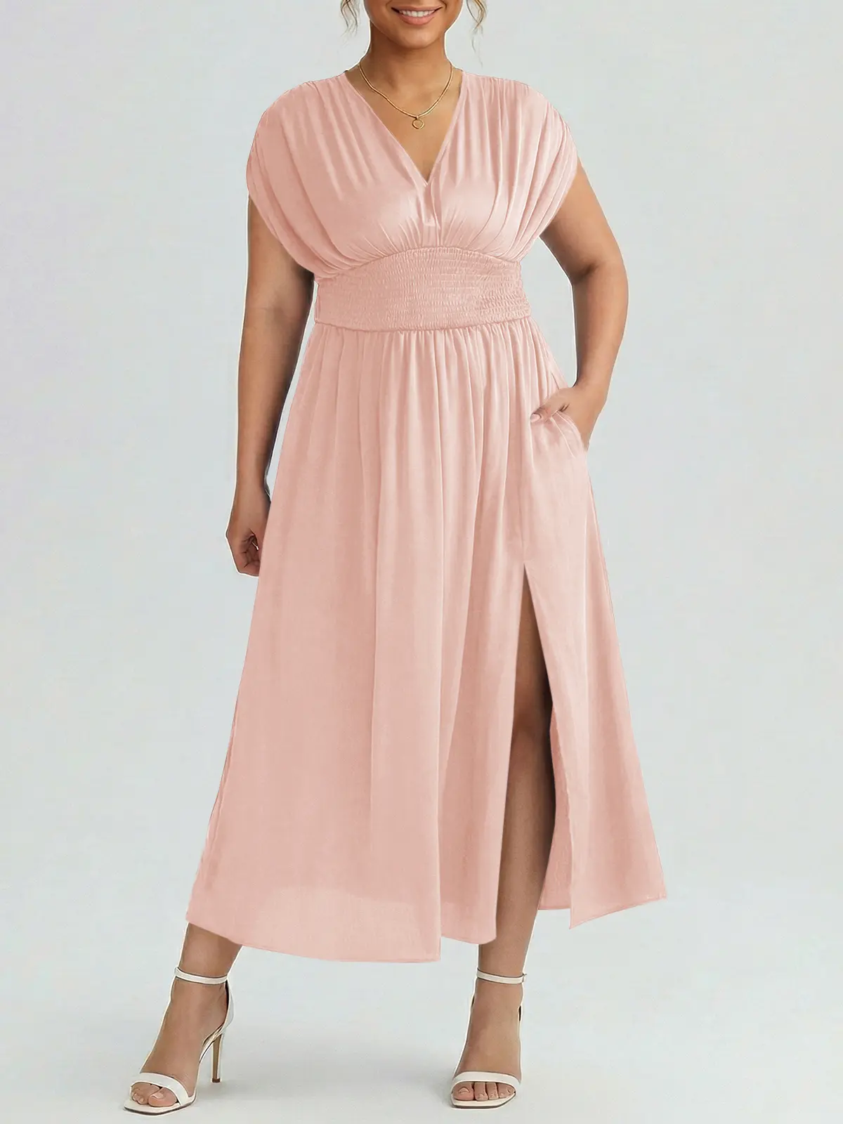 Plus Size Chiffon Midi Dress - V Neck Smocked Waist Side Slit Formal Dress with Pockets, Sizes 0L-4XL