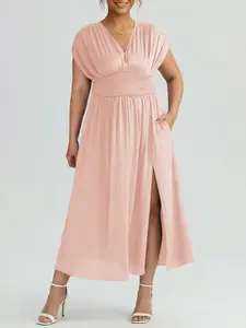 Plus Size Chiffon Midi Dress - V Neck Smocked Waist Side Slit Formal Dress with Pockets, Sizes 0L-4XL