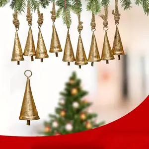 Vintage Brass Bells with Hanging Ropes, Golden Color Metal Cow Bells for Holiday Decor, Perfect for Easter, Thanksgiving, New Year, Valentine's Day