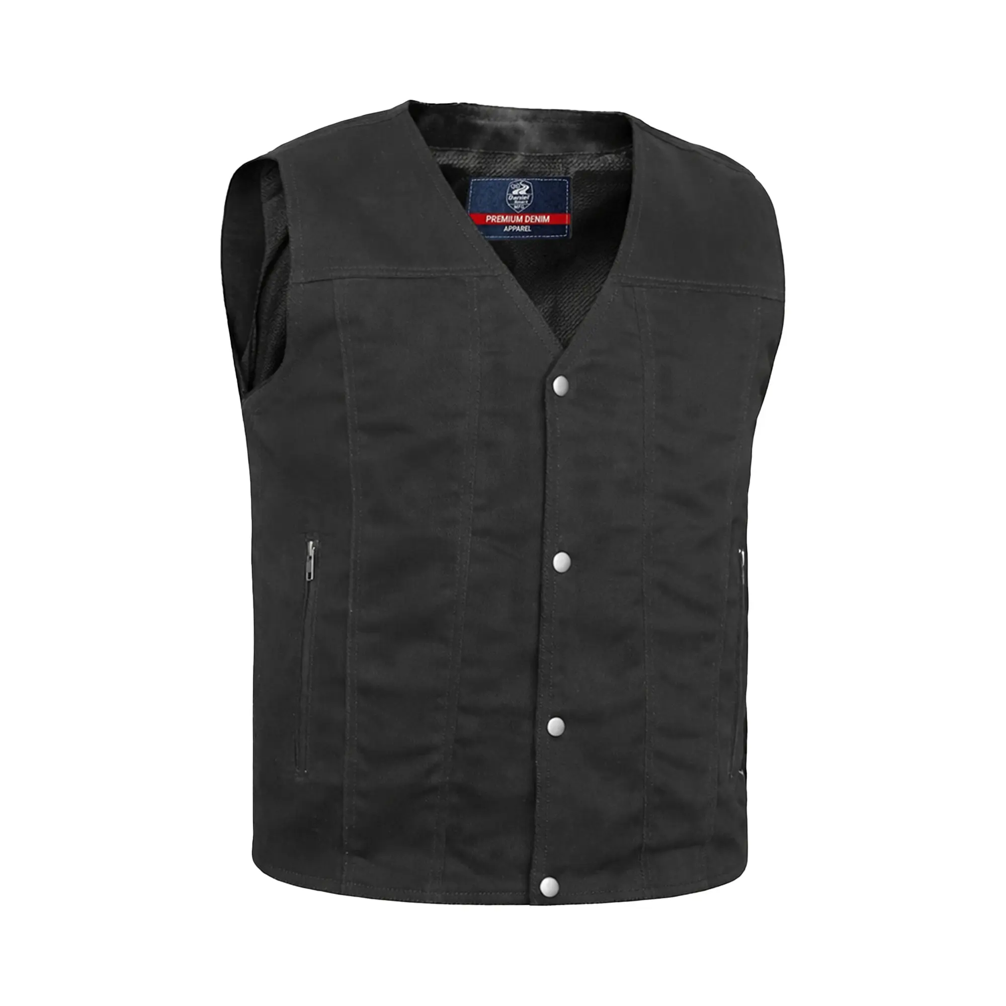 DANIEL SMART Men's Denim Motorcycle Protective Vest - Tapered Fit V-Neck, Concealed Carry Pockets, Zippered Pockets, Single Panel Back, Casual Menswear Plain Tops Clothes