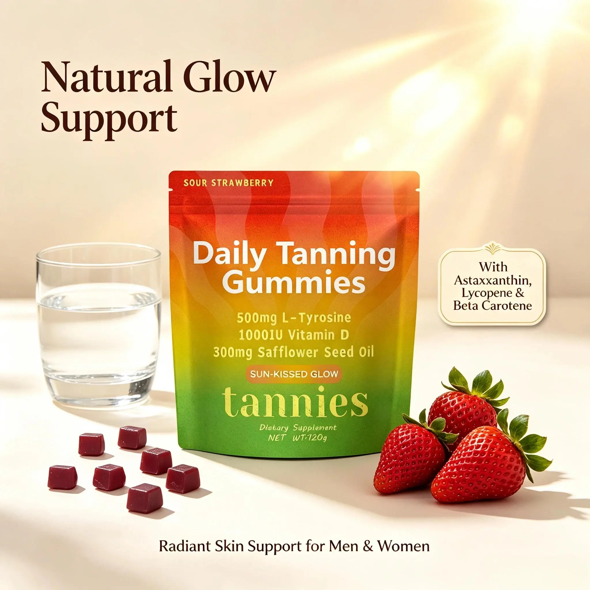 Re Lierre Daily Tanning Gummies - Sour StrawberryFlavor with 500mg L-Tyrosine 1000IU Vitamin D & 300mgSafflower Seed Oil for Optimum Sun-Kissed Glow