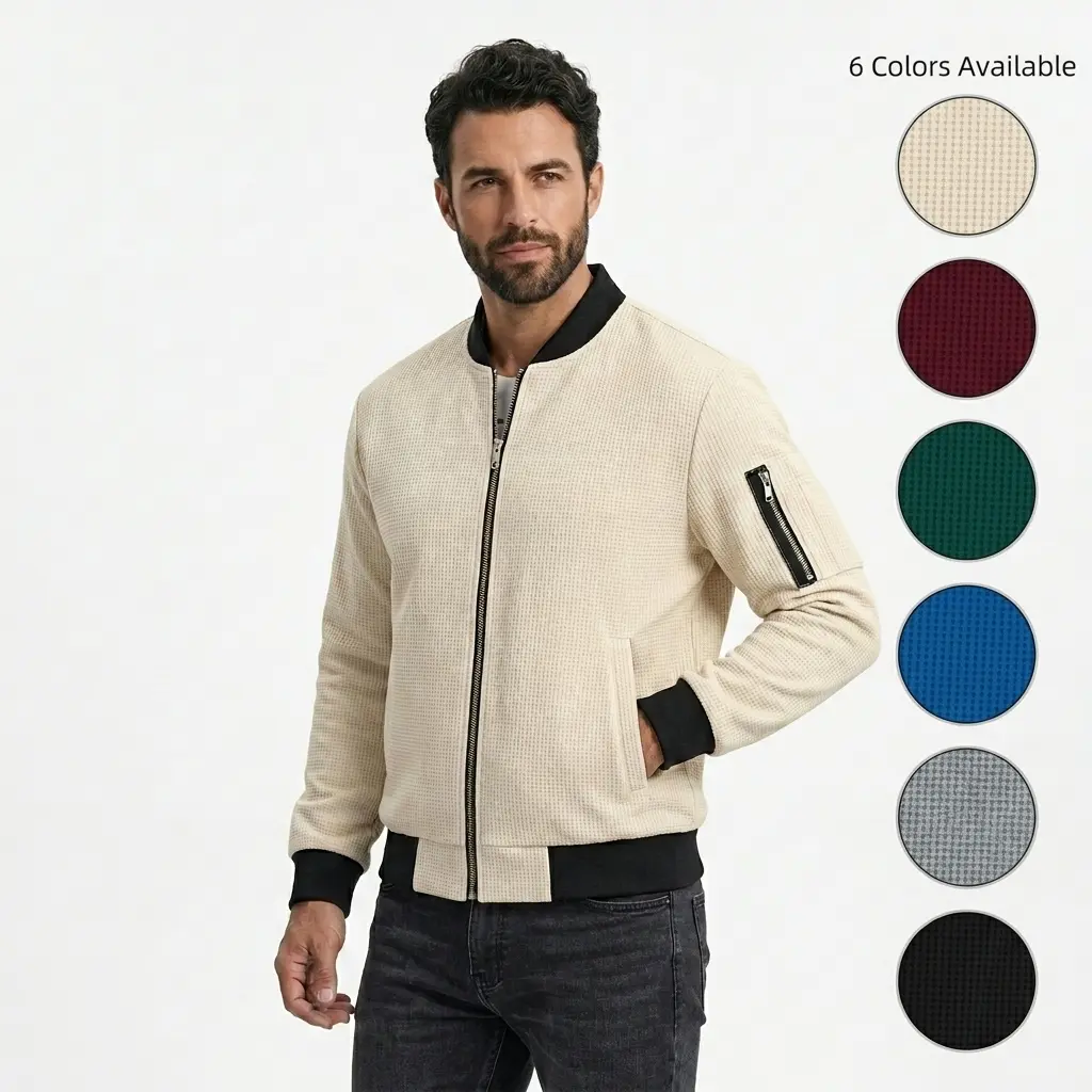Men's Lightweight Waffle Knit Long Sleeve Bomber Jacket - Menswear Longsleeves Jackets Zip Up Stand Collar Full Zip, Side Pockets, Plain Straight Hem, Wear-Resistant, Warm, Casual Coat for Daily Wear, Spring Fall Street Style