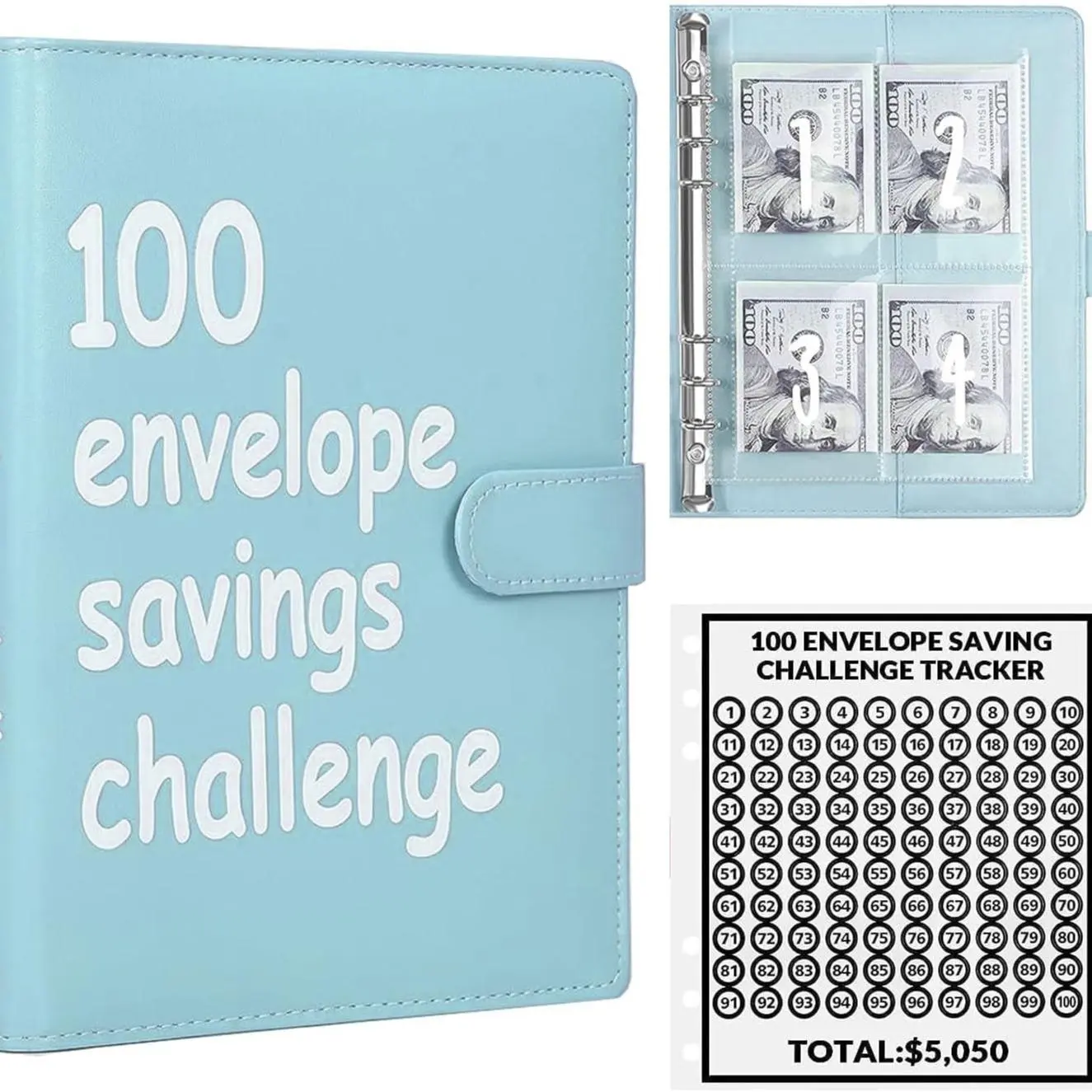 100 Envelopes Money Saving Challenge, 100 Envelope Challenge Binder, Easy and Funny Way to Save $5,050 Budget Planner With Cash Envelopes (Blue)
