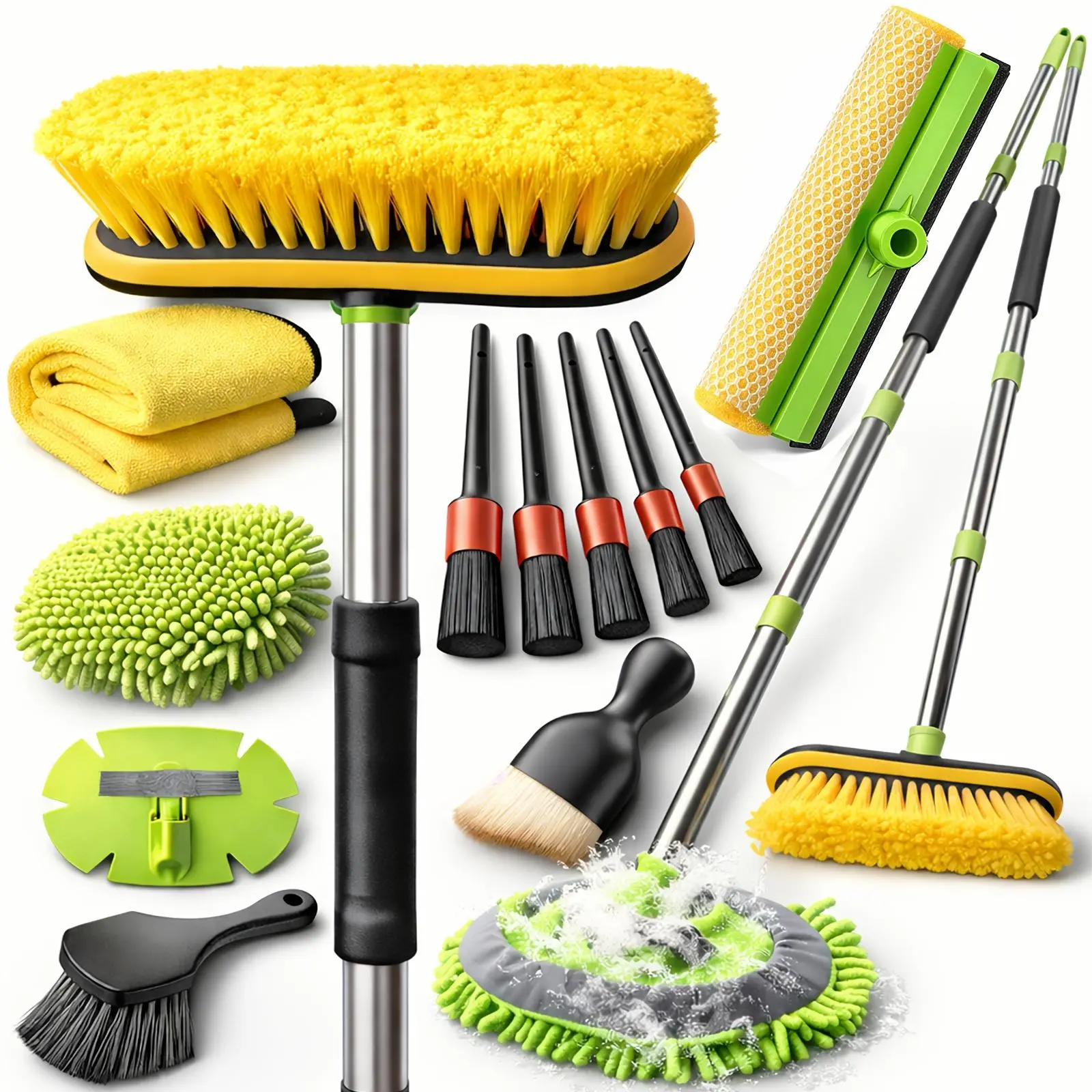 75'' Car Wash Brush With Long Handle, Car Wash Kit With Tire Brush, Tower, Window Squeegee, Chenille Microfiber, Car Detailing Brushes, Car Cleaning Brush Kit Supplies For Car, Truck, SUV, RV..
