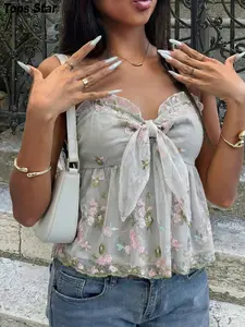 Elegant Floral Embroidered Mesh Backless Short Top, Boho Style, Romantic Flower Pattern, Vacation Wear, Party Vest, Sexy Women's Short Shirt